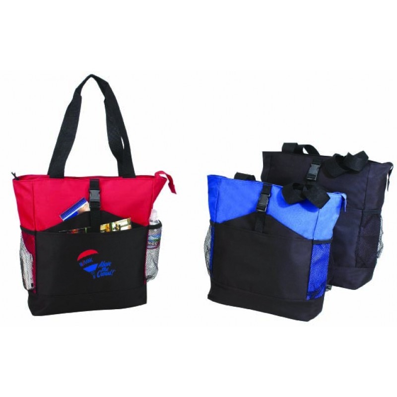 TB207   All-purpose Poly Zippered Tote Bag with Buckle Front and Side Mesh Pocket