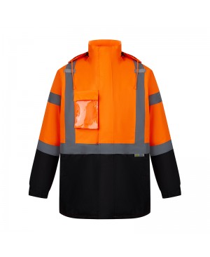 SAJ7210  ANSI Class 3 Water Resistant Safety Orange Parka Jacket w/ Black Bottom and Detachable Hood